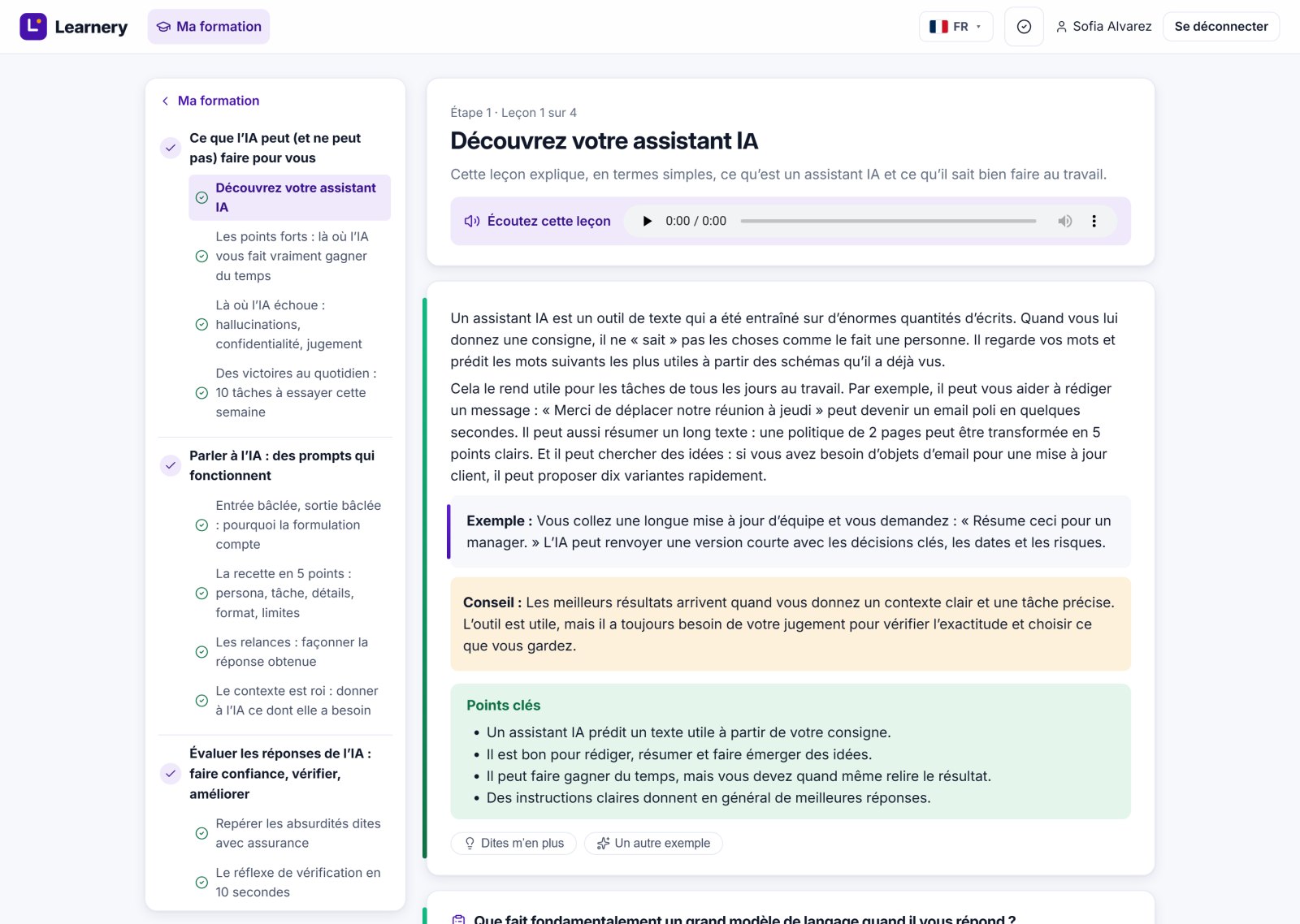 Des leçons guidées avec un coaching IA en direct