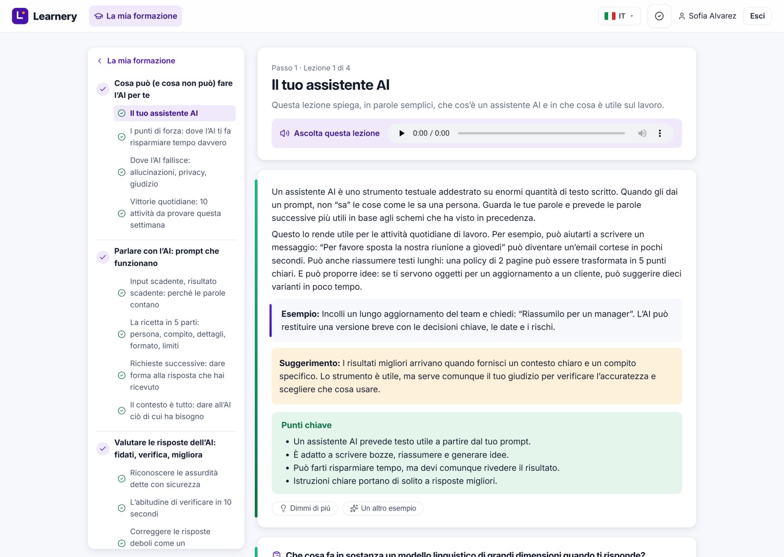 Lezioni guidate con coaching AI dal vivo